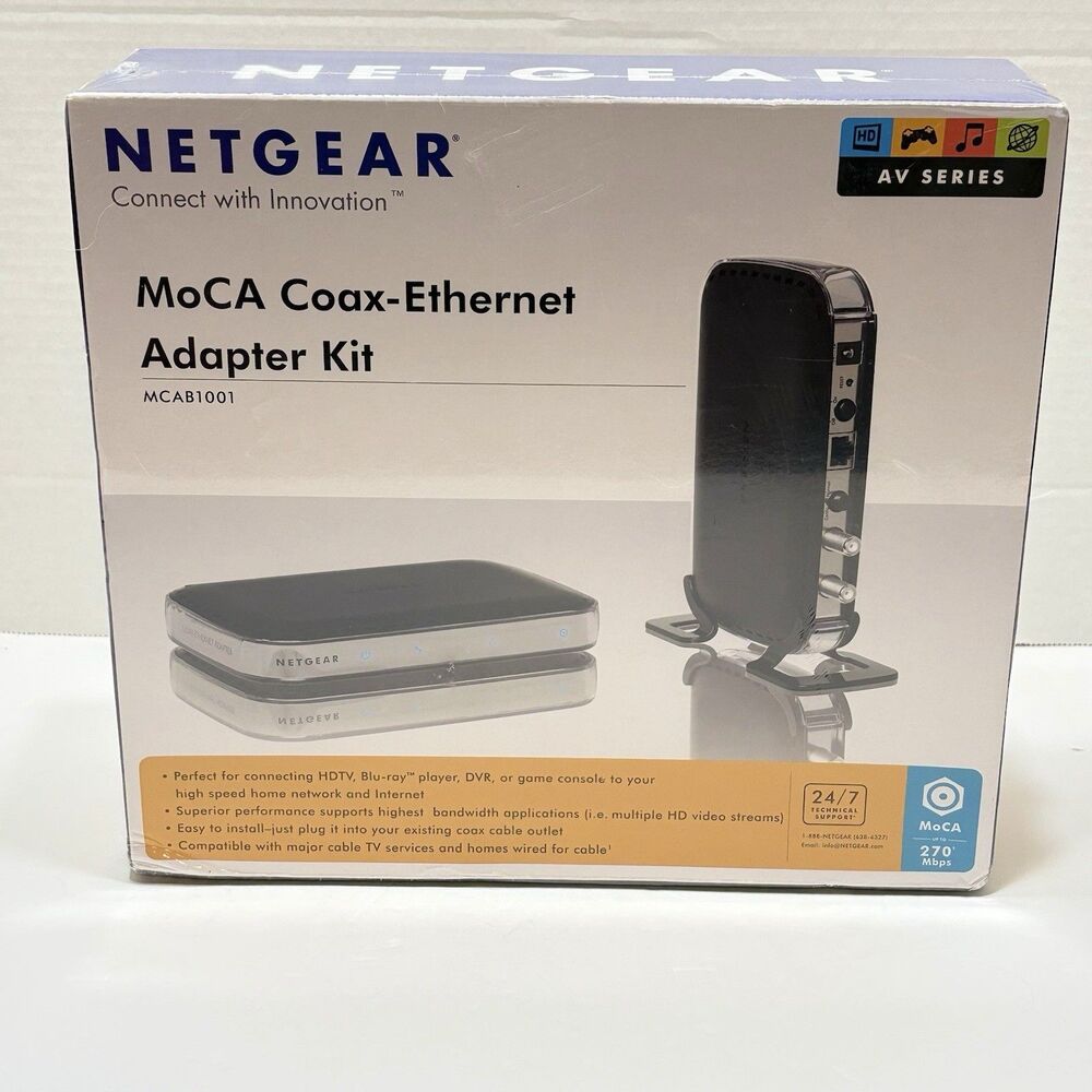 MoCA Coax Ethernet Adapter Kit MCAB1001 Netgear AV Series 270 Mbps New Sealed